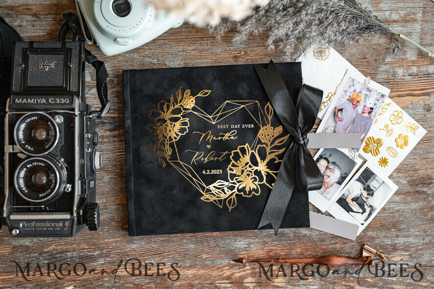 HOCHZEITS-GÄSTEBÜCHER Samtkissen Instax Gästebuch Schwarzes Boho Instax Samt Hochzeits-Gästebuch Gold, Schwarzes Instant Hochzeits-Gästebuch, Polaroid Samt-Gästebuch Schwarz Golden Hochzeit
