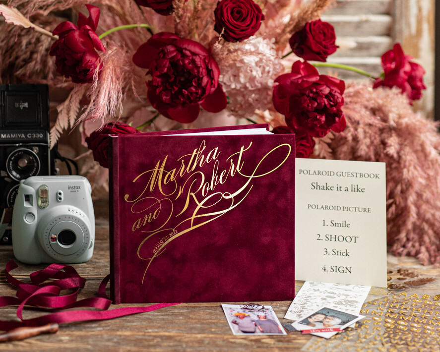 HOCHZEITS-GÄSTEBÜCHER Samtkissen Instax Gästebuch Luxuriöses Instax Samt Hochzeits-Gästebuch Gold, großes Instant Hochzeits-Gästebuch, Polaroid Samt-Gästebuch Oliven-Toskana-Hochzeit