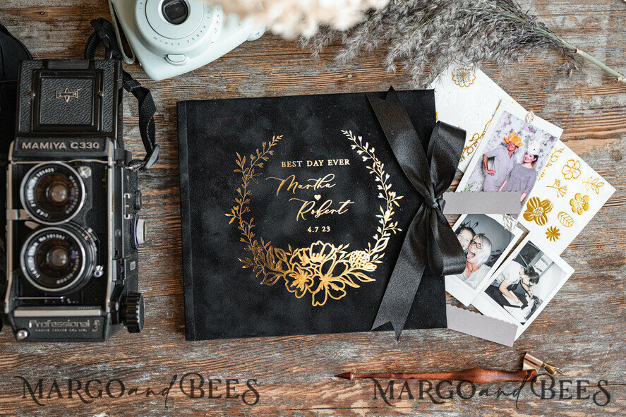 HOCHZEITS-GÄSTEBÜCHER Samtkissen Instax Gästebuch Schwarzes Boho Instax Samt Hochzeits-Gästebuch Gold, Schwarzes Instant Hochzeits-Gästebuch, Polaroid Samt-Gästebuch Schwarz Golden Hochzeit
