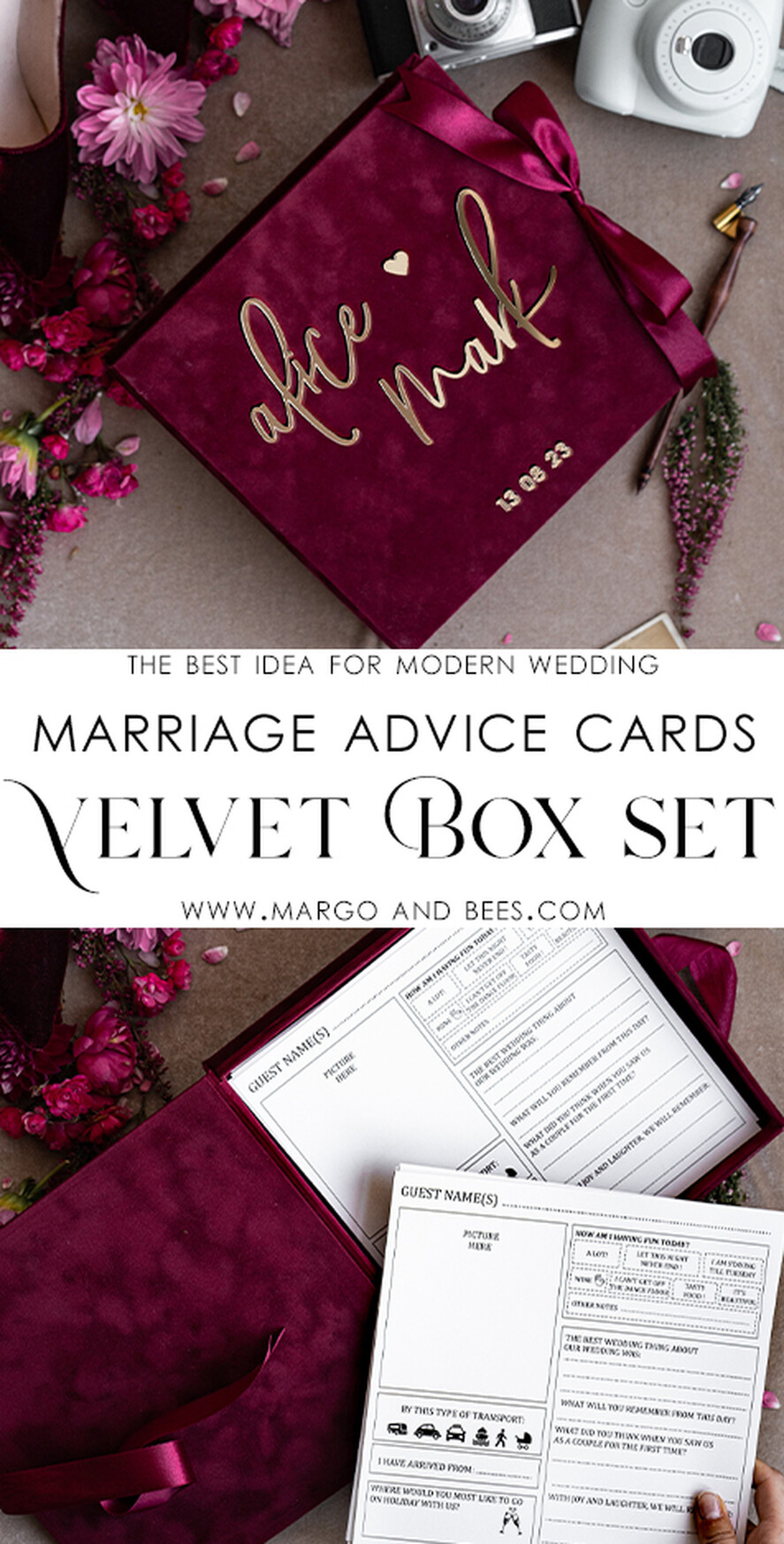 WEDDING GUEST BOOKS alternative guest book  Alternative Guestbook Wedding Mad Lib Sheets in Velvet Box Marriage advice mad lib Box Instax Leave a Note to Bride & Groom Personalised Box