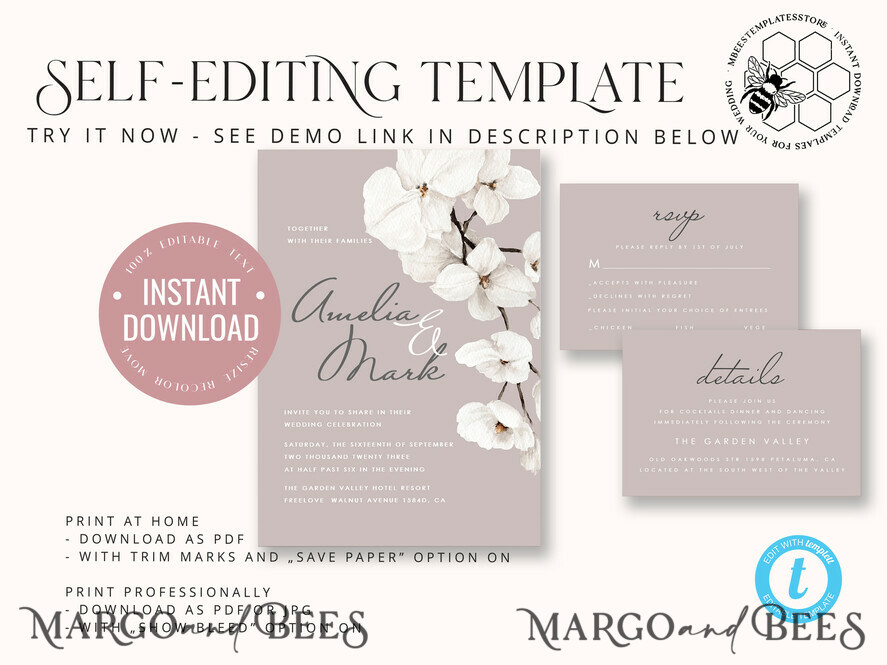 TEMPLETT wedding invitation download Elegant wedding invitation template, Instant download Invite, Printable Invites For Home Printing, violet boho wedding invitations
