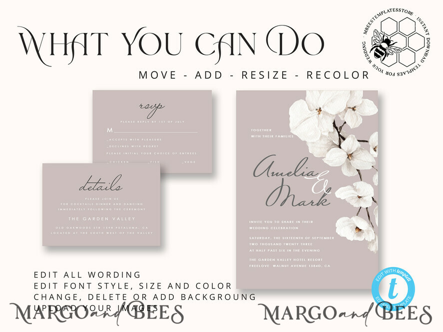 TEMPLETT wedding invitation download Elegant wedding invitation template, Instant download Invite, Printable Invites For Home Printing, violet boho wedding invitations