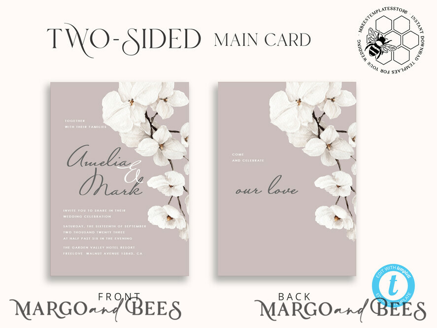 TEMPLETT wedding invitation download Elegant wedding invitation template, Instant download Invite, Printable Invites For Home Printing, violet boho wedding invitations