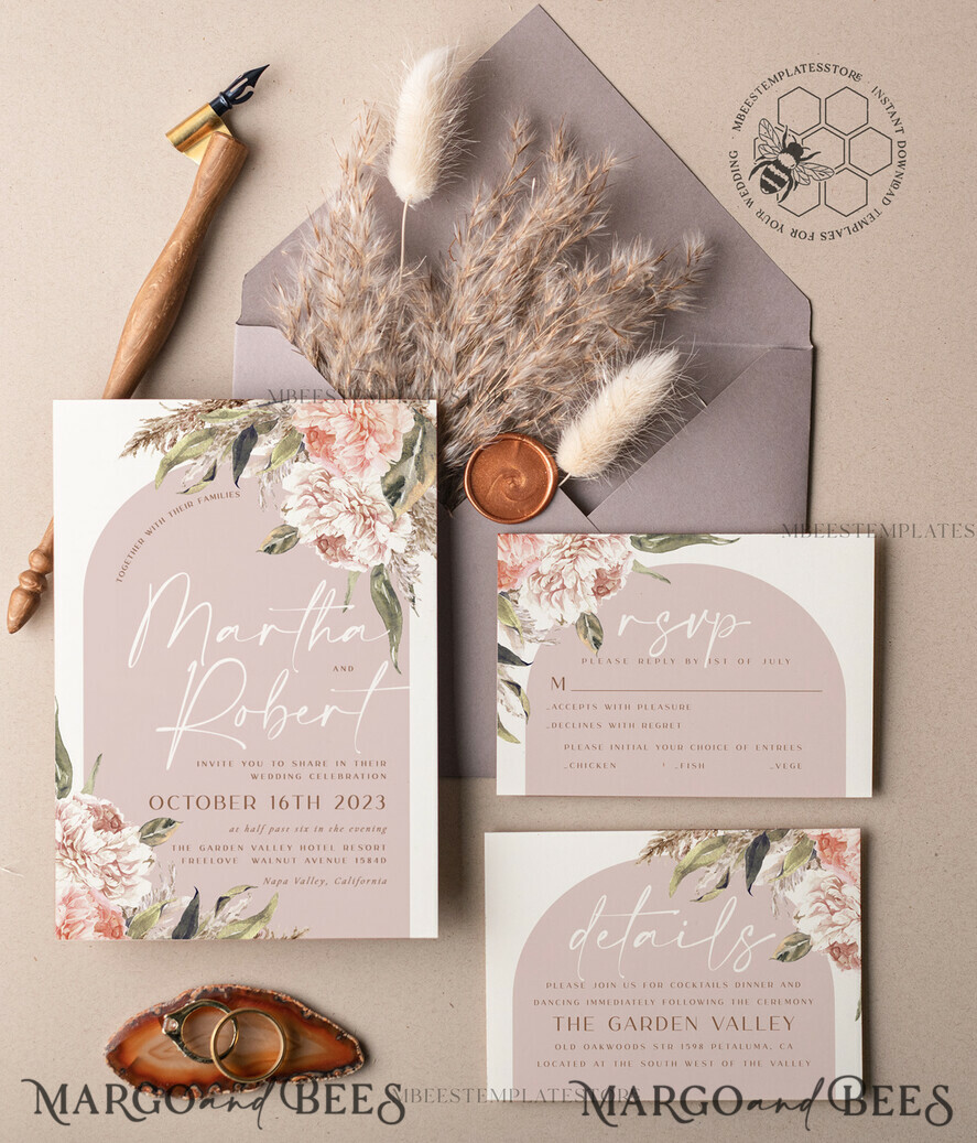TEMPLETT wedding invitation download Rustic Ivory wedding Invitations Set and Electronic Wedding Invitation Template, Instant Download Printable Invites Home Printing, Simple Boho Wedding Invitation Card Set