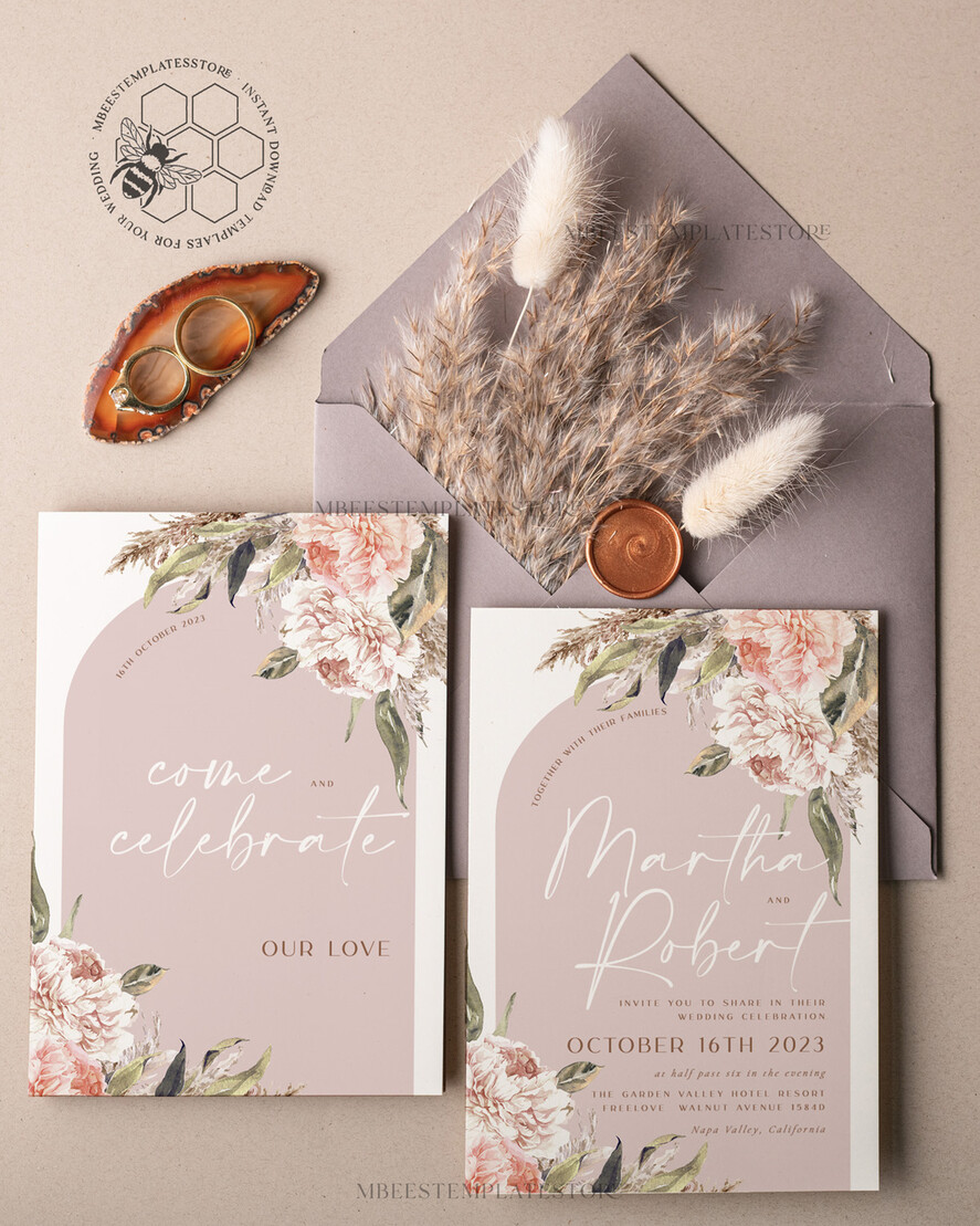 TEMPLETT wedding invitation download Rustic Ivory wedding Invitations Set and Electronic Wedding Invitation Template, Instant Download Printable Invites Home Printing, Simple Boho Wedding Invitation Card Set