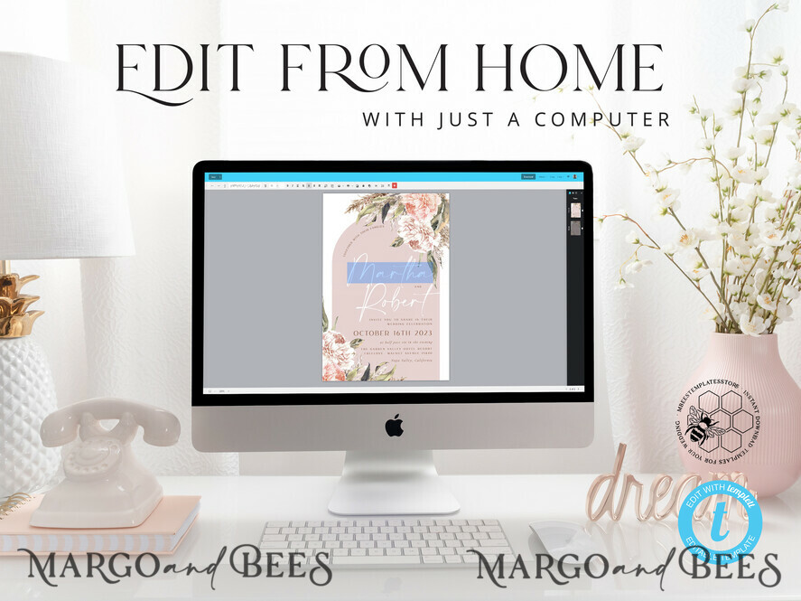 TEMPLETT wedding invitation download Rustic Ivory wedding Invitations Set and Electronic Wedding Invitation Template, Instant Download Printable Invites Home Printing, Simple Boho Wedding Invitation Card Set