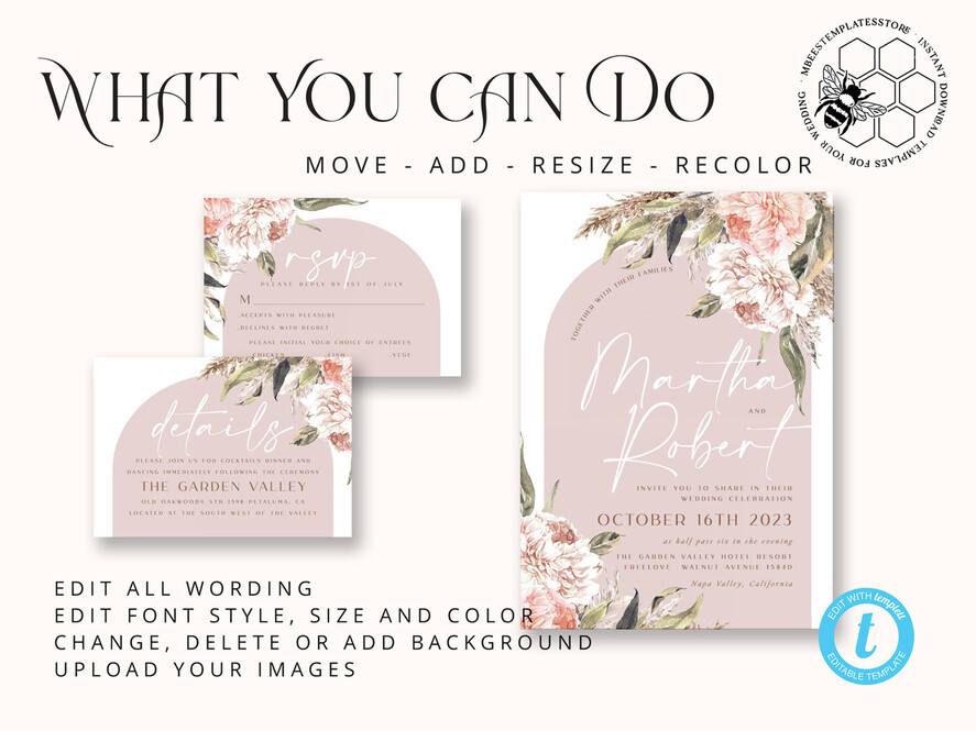 TEMPLETT wedding invitation download Rustic Ivory wedding Invitations Set and Electronic Wedding Invitation Template, Instant Download Printable Invites Home Printing, Simple Boho Wedding Invitation Card Set