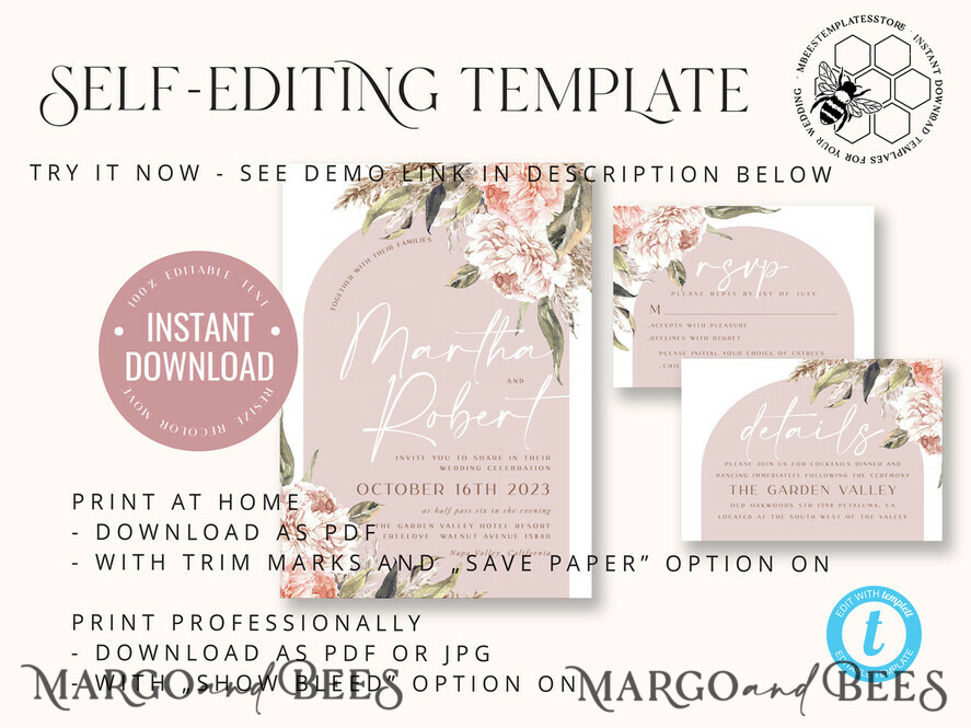 TEMPLETT wedding invitation download Rustic Ivory wedding Invitations Set and Electronic Wedding Invitation Template, Instant Download Printable Invites Home Printing, Simple Boho Wedding Invitation Card Set