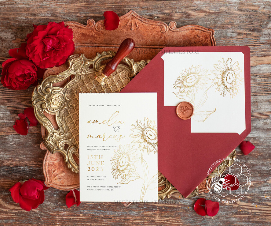 TEMPLETT wedding invitation download Fine art gold sunflowers wedding invitation template, Instant download Boho Wedding Invites, Invitation Printable Template Elegant Invites