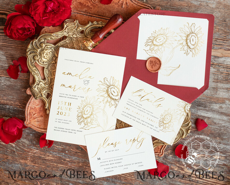 TEMPLETT wedding invitation download Fine art gold sunflowers wedding invitation template, Instant download Boho Wedding Invites, Invitation Printable Template Elegant Invites
