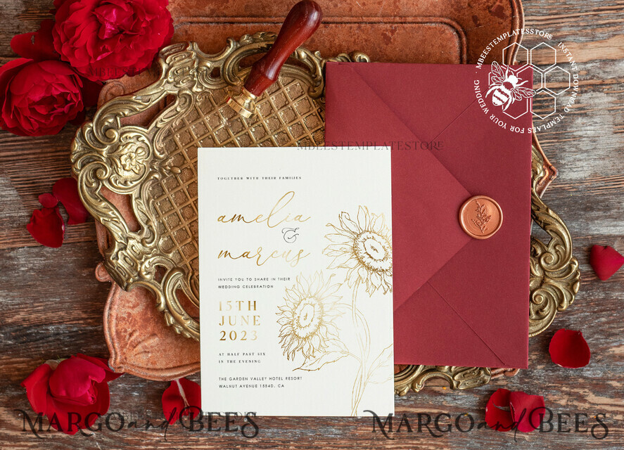 TEMPLETT wedding invitation download Fine art gold sunflowers wedding invitation template, Instant download Boho Wedding Invites, Invitation Printable Template Elegant Invites