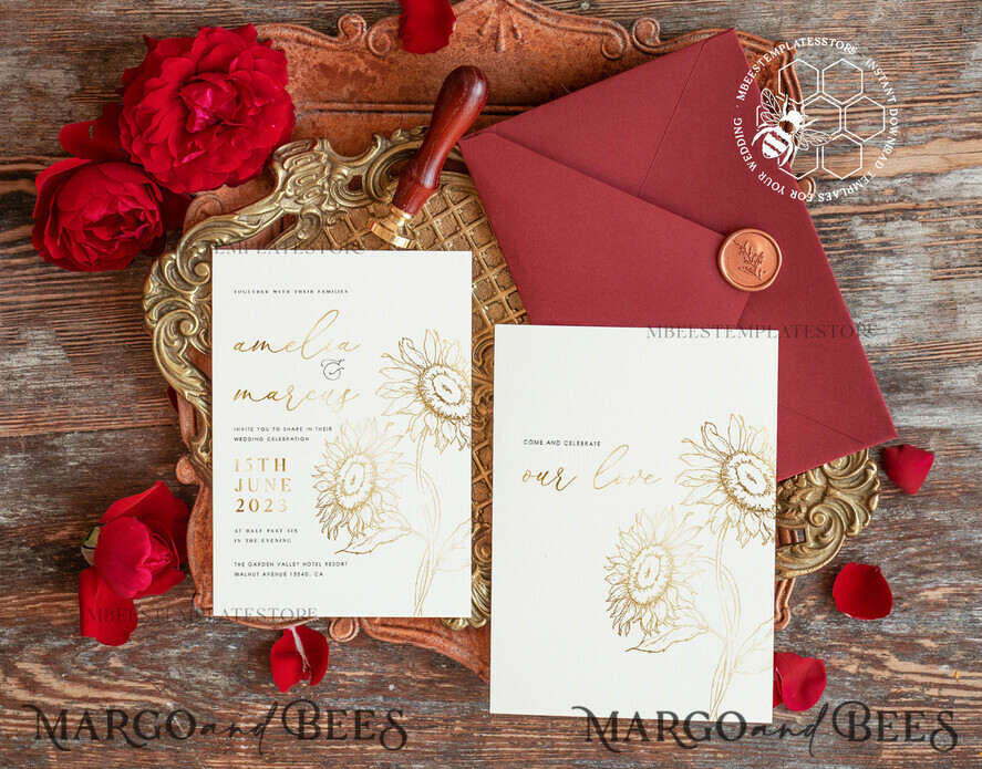 TEMPLETT wedding invitation download Fine art gold sunflowers wedding invitation template, Instant download Boho Wedding Invites, Invitation Printable Template Elegant Invites