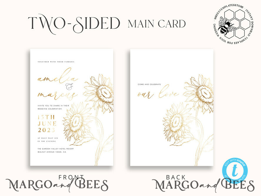 TEMPLETT wedding invitation download Fine art gold sunflowers wedding invitation template, Instant download Boho Wedding Invites, Invitation Printable Template Elegant Invites