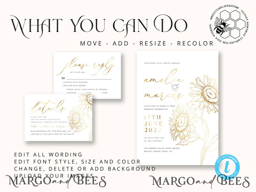 TEMPLETT wedding invitation download Fine art gold sunflowers wedding invitation template, Instant download Boho Wedding Invites, Invitation Printable Template Elegant Invites
