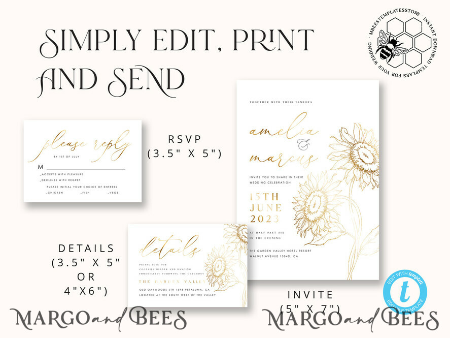 TEMPLETT wedding invitation download Fine art gold sunflowers wedding invitation template, Instant download Boho Wedding Invites, Invitation Printable Template Elegant Invites