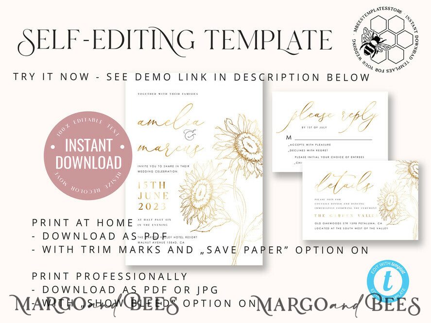TEMPLETT wedding invitation download Fine art gold sunflowers wedding invitation template, Instant download Boho Wedding Invites, Invitation Printable Template Elegant Invites
