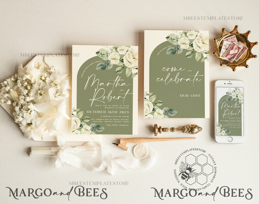 TEMPLETT wedding invitation download Boho Arch wedding Invitations Evite Set Template, Instant Download Printable Invites Home Printing, Sage Green Garden Invitation Set WBoho13