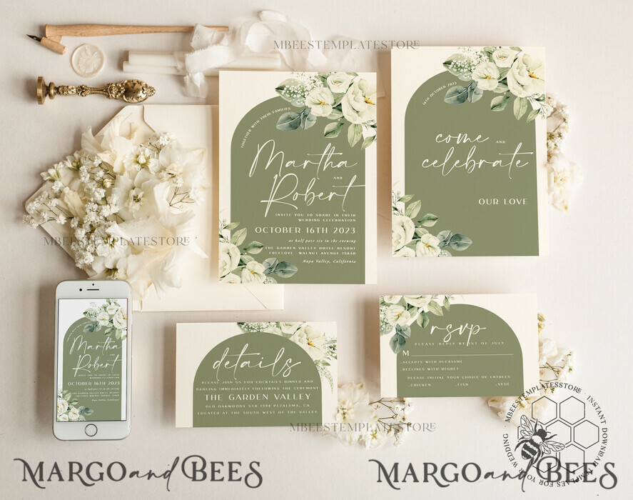 TEMPLETT wedding invitation download Boho Arch wedding Invitations Evite Set Template, Instant Download Printable Invites Home Printing, Sage Green Garden Invitation Set WBoho13