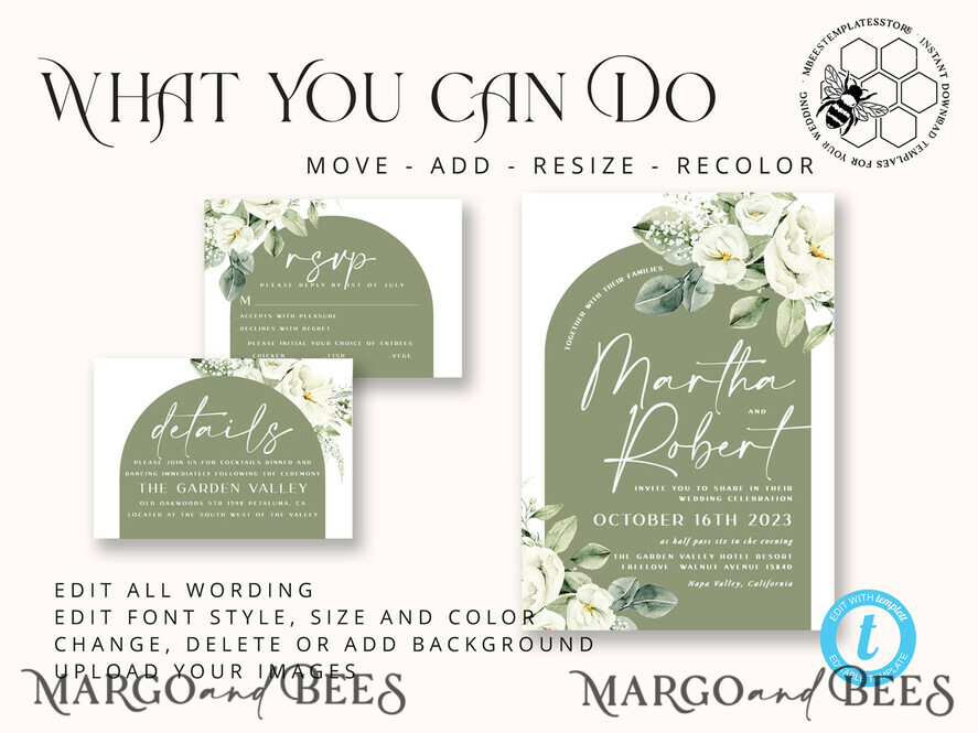 TEMPLETT wedding invitation download Boho Arch wedding Invitations Evite Set Template, Instant Download Printable Invites Home Printing, Sage Green Garden Invitation Set WBoho13