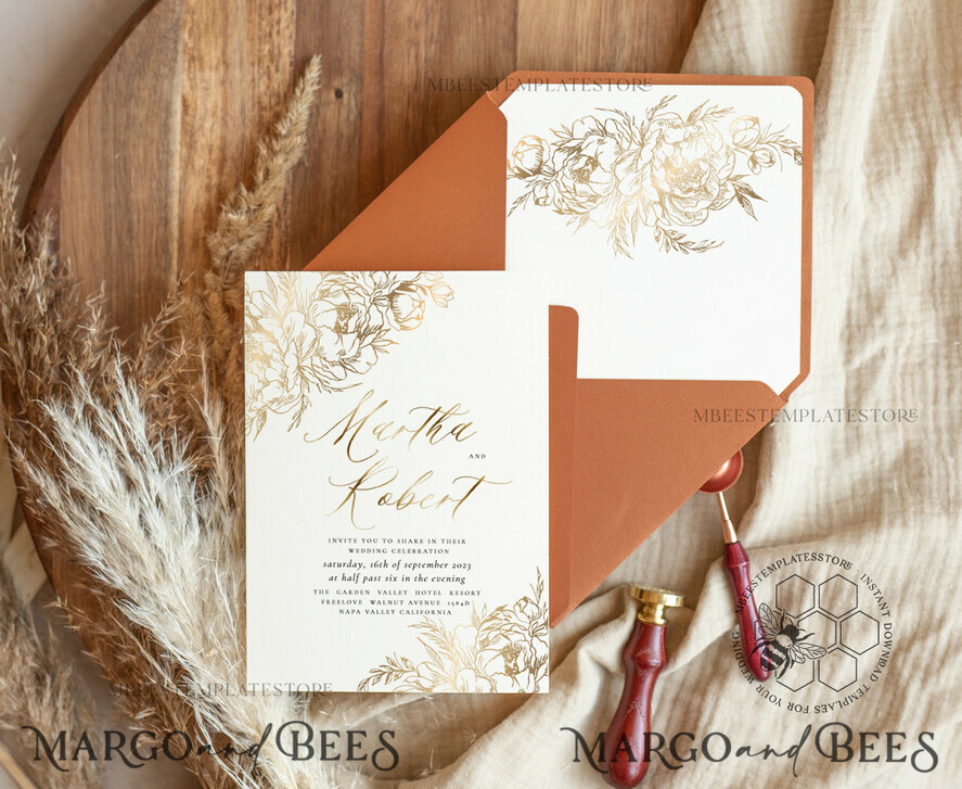 TEMPLETT wedding invitation download Fine art gold  wedding invitation template, Instant download Boho Wedding Invites,  Invitation Printable Template Elegant Invites