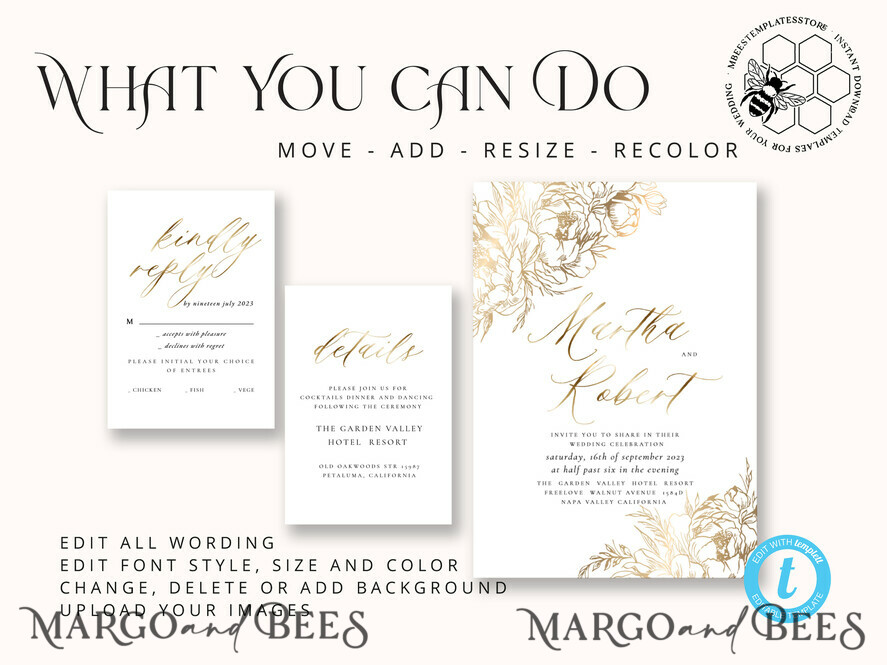 TEMPLETT wedding invitation download Fine art gold  wedding invitation template, Instant download Boho Wedding Invites,  Invitation Printable Template Elegant Invites