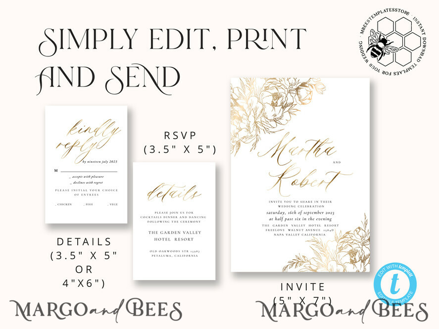 TEMPLETT wedding invitation download Fine art gold  wedding invitation template, Instant download Boho Wedding Invites,  Invitation Printable Template Elegant Invites