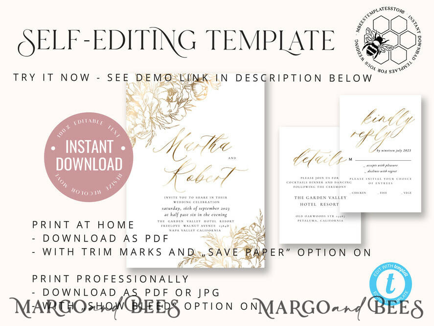 TEMPLETT wedding invitation download Fine art gold  wedding invitation template, Instant download Boho Wedding Invites,  Invitation Printable Template Elegant Invites