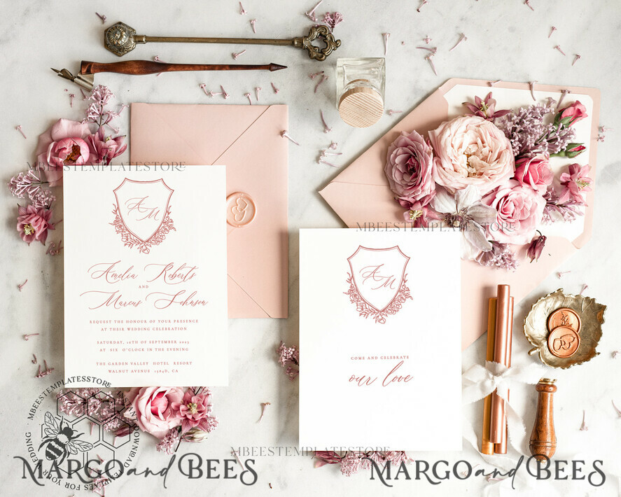 TEMPLETT wedding invitation download Rustic wedding Invitations Set Template, Instant Download Printable Invites Home Printing,Simple Elegant Wedding Invitation Card Set WRoses8