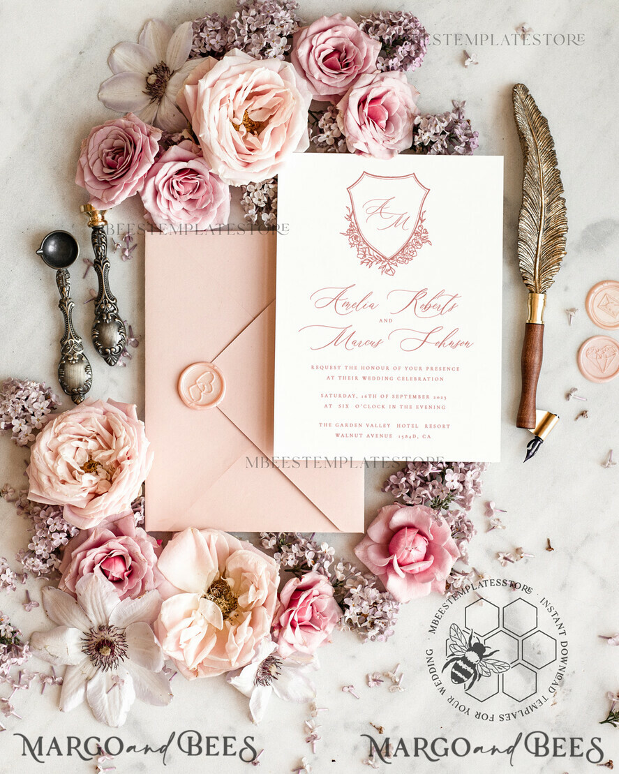 TEMPLETT wedding invitation download Rustic wedding Invitations Set Template, Instant Download Printable Invites Home Printing,Simple Elegant Wedding Invitation Card Set WRoses8