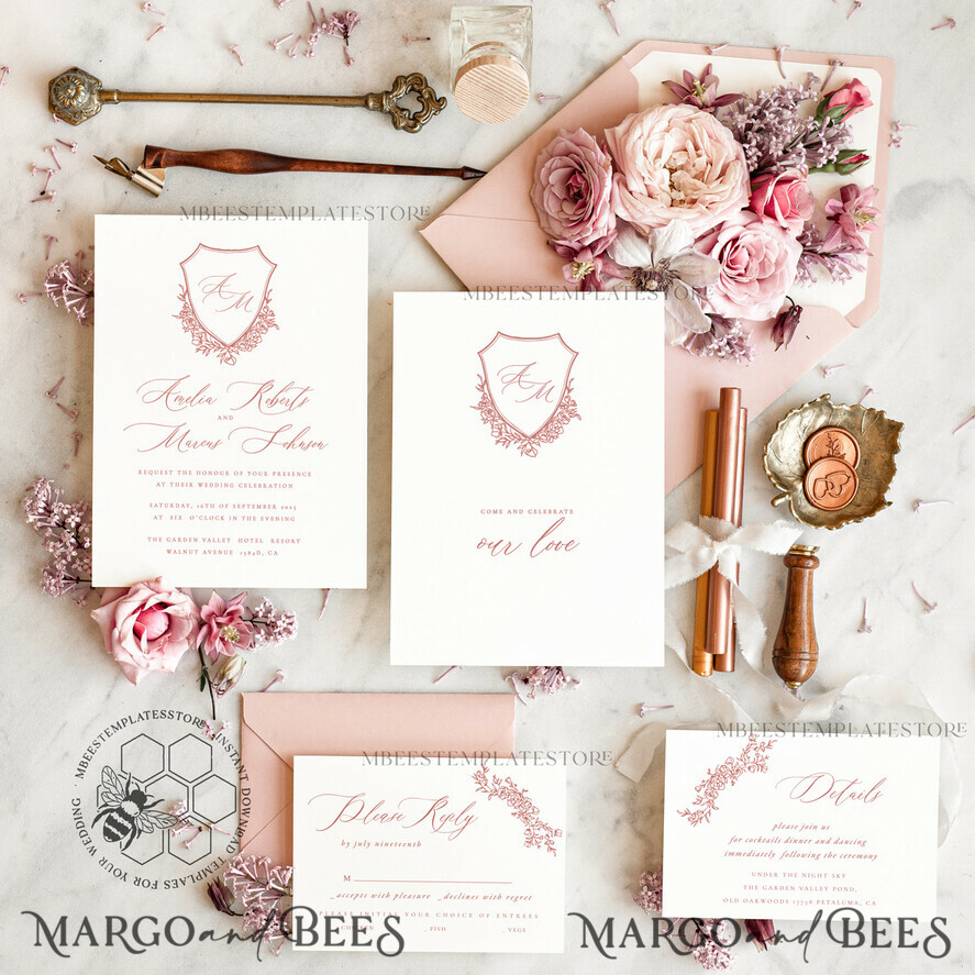 TEMPLETT wedding invitation download Rustic wedding Invitations Set Template, Instant Download Printable Invites Home Printing,Simple Elegant Wedding Invitation Card Set WRoses8