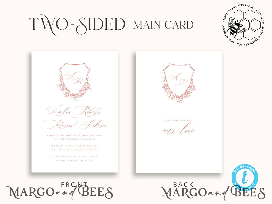 TEMPLETT wedding invitation download Rustic wedding Invitations Set Template, Instant Download Printable Invites Home Printing,Simple Elegant Wedding Invitation Card Set WRoses8