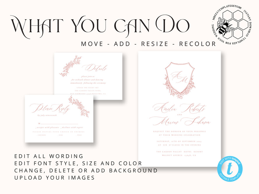 TEMPLETT wedding invitation download Rustic wedding Invitations Set Template, Instant Download Printable Invites Home Printing,Simple Elegant Wedding Invitation Card Set WRoses8
