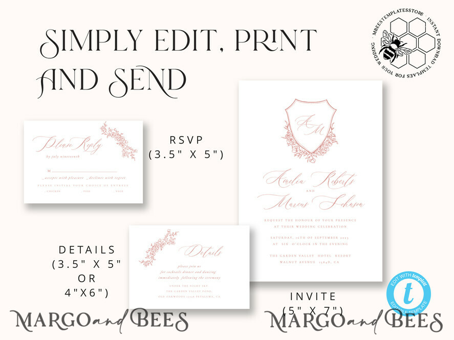 TEMPLETT wedding invitation download Rustic wedding Invitations Set Template, Instant Download Printable Invites Home Printing,Simple Elegant Wedding Invitation Card Set WRoses8