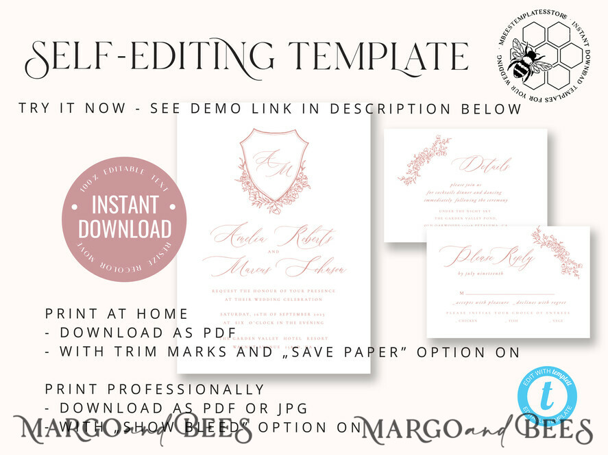 TEMPLETT wedding invitation download Rustic wedding Invitations Set Template, Instant Download Printable Invites Home Printing,Simple Elegant Wedding Invitation Card Set WRoses8