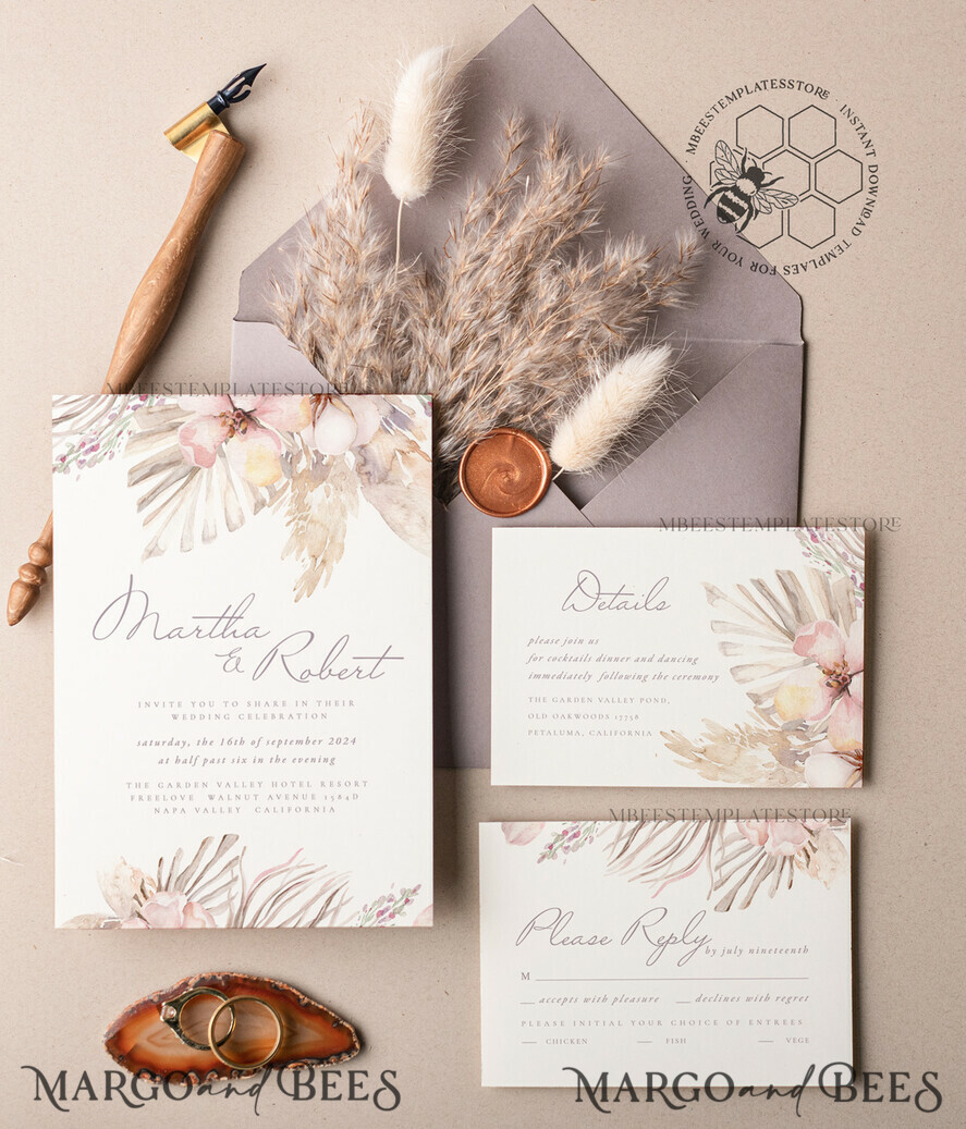 TEMPLETT wedding invitation download Modern Boho wedding Invitations Set Template, Instant Download Printable Invites Home Printing, Simple Rustic Wedding Invitation Card Set
