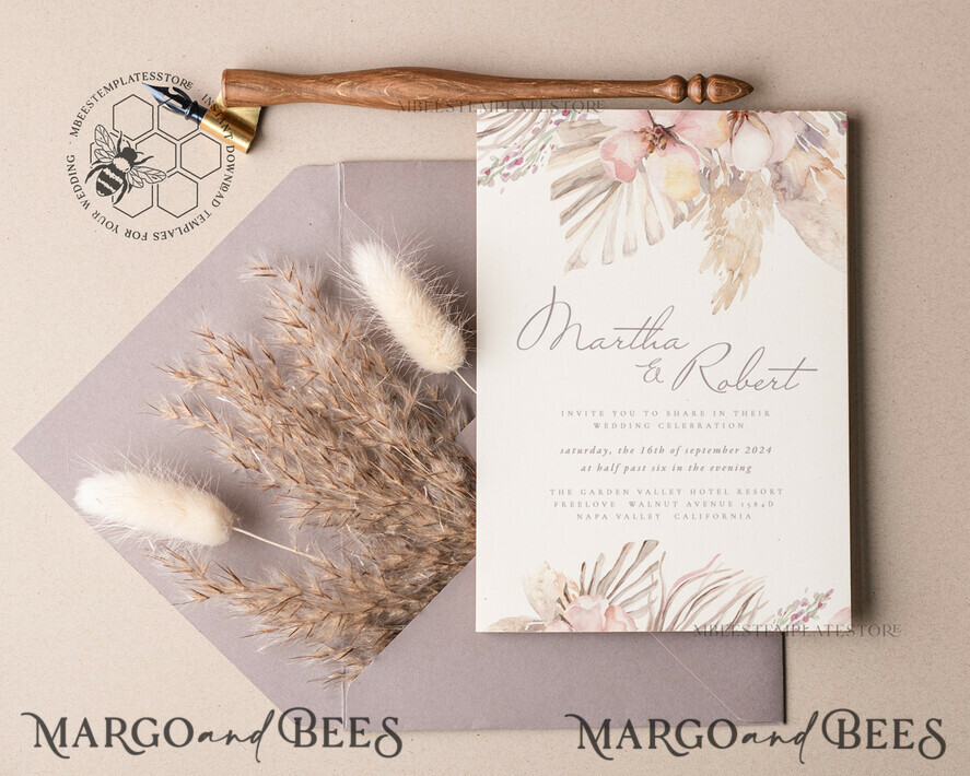 TEMPLETT wedding invitation download Modern Boho wedding Invitations Set Template, Instant Download Printable Invites Home Printing, Simple Rustic Wedding Invitation Card Set