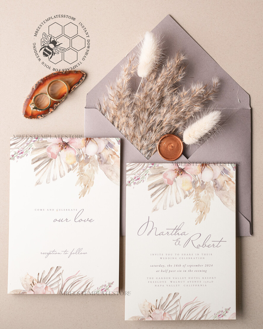TEMPLETT wedding invitation download Modern Boho wedding Invitations Set Template, Instant Download Printable Invites Home Printing, Simple Rustic Wedding Invitation Card Set