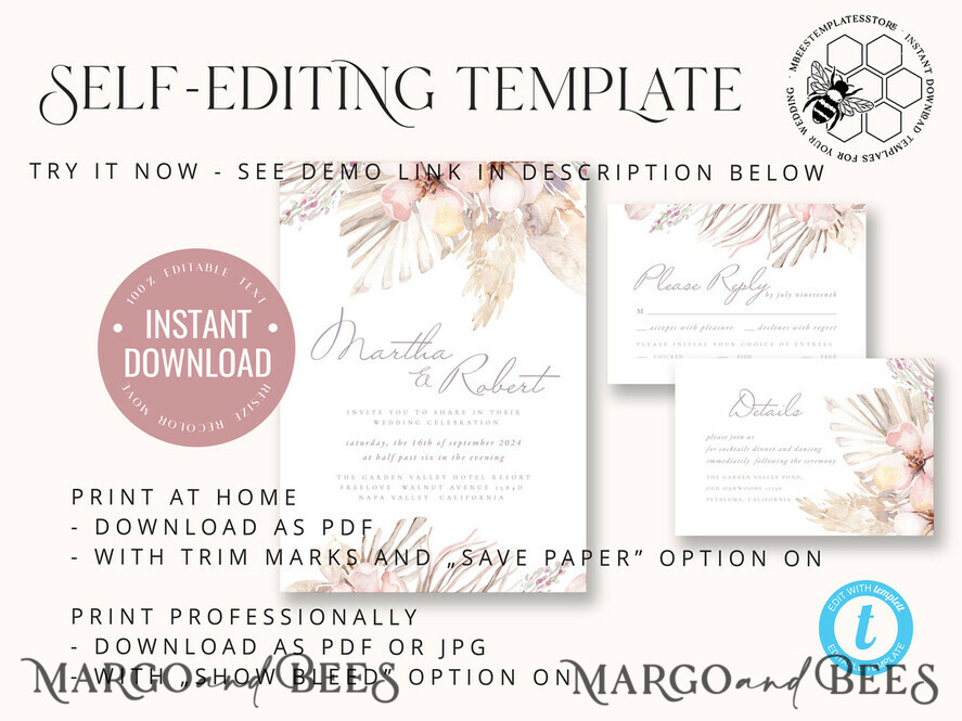 TEMPLETT wedding invitation download Modern Boho wedding Invitations Set Template, Instant Download Printable Invites Home Printing, Simple Rustic Wedding Invitation Card Set
