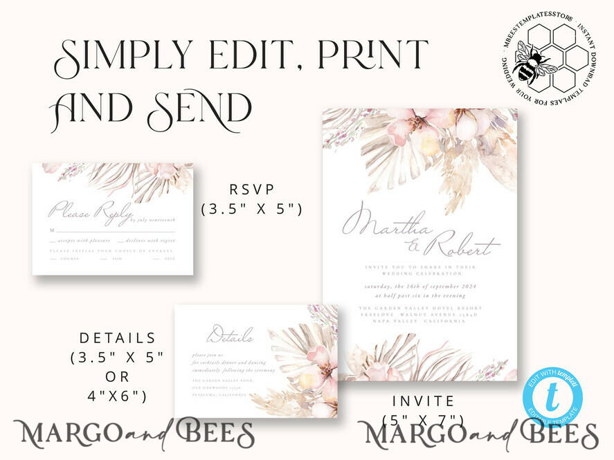 TEMPLETT wedding invitation download Modern Boho wedding Invitations Set Template, Instant Download Printable Invites Home Printing, Simple Rustic Wedding Invitation Card Set