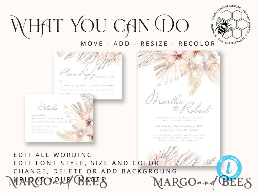 TEMPLETT wedding invitation download Modern Boho wedding Invitations Set Template, Instant Download Printable Invites Home Printing, Simple Rustic Wedding Invitation Card Set