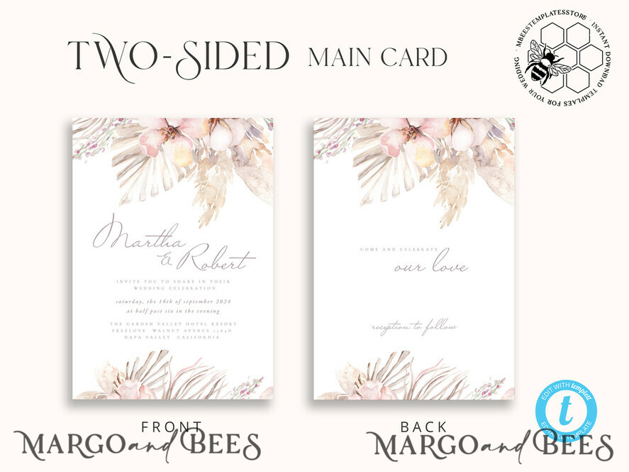 TEMPLETT wedding invitation download Modern Boho wedding Invitations Set Template, Instant Download Printable Invites Home Printing, Simple Rustic Wedding Invitation Card Set