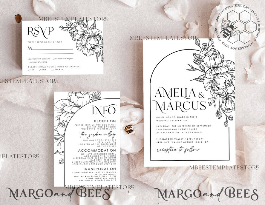 TEMPLETT wedding invitation download Boho Florals white wedding Invitations Set Template, Instant Download Printable Invites Home Printing, Arch Floral Wedding Invitation Card