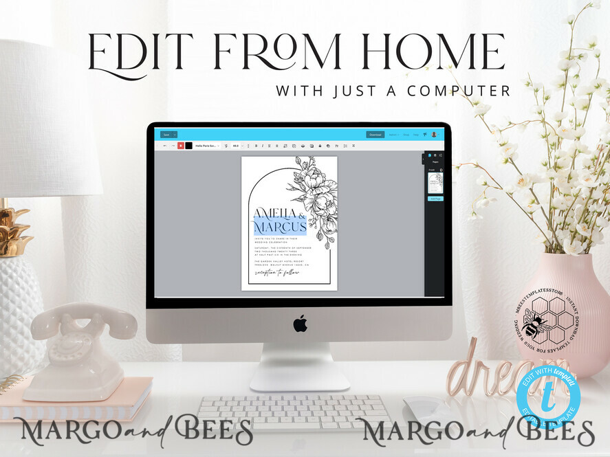 TEMPLETT wedding invitation download Boho Florals white wedding Invitations Set Template, Instant Download Printable Invites Home Printing, Arch Floral Wedding Invitation Card