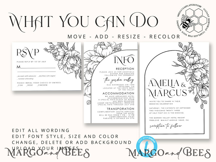 TEMPLETT wedding invitation download Boho Florals white wedding Invitations Set Template, Instant Download Printable Invites Home Printing, Arch Floral Wedding Invitation Card