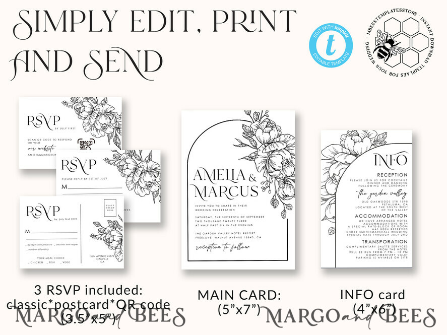 TEMPLETT wedding invitation download Boho Florals white wedding Invitations Set Template, Instant Download Printable Invites Home Printing, Arch Floral Wedding Invitation Card