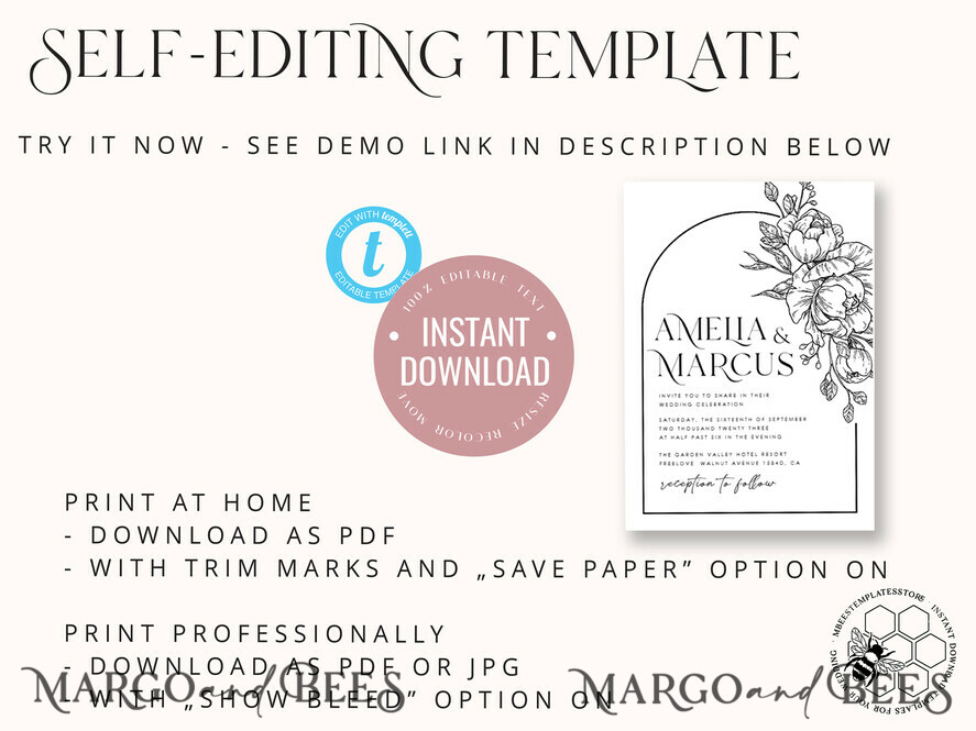 TEMPLETT wedding invitation download Boho Florals white wedding Invitations Set Template, Instant Download Printable Invites Home Printing, Arch Floral Wedding Invitation Card