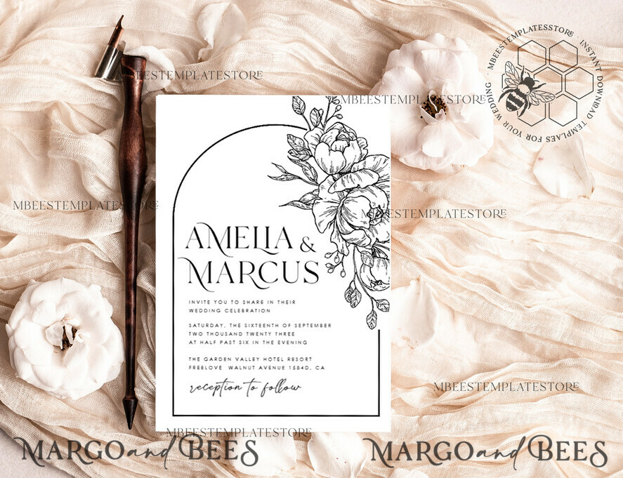 TEMPLETT wedding invitation download Boho Florals white wedding Invitations Set Template, Instant Download Printable Invites Home Printing, Arch Floral Wedding Invitation Card
