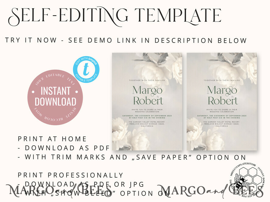 TEMPLETT  
 Hochzeits Einladung Download Elegante Vintage Rosen Malerei Öl Hochzeitskarten Set Vorlage, Sofortiger Download Druckbare Einladungen Heimdruck, Einfache Hochzeitskarten