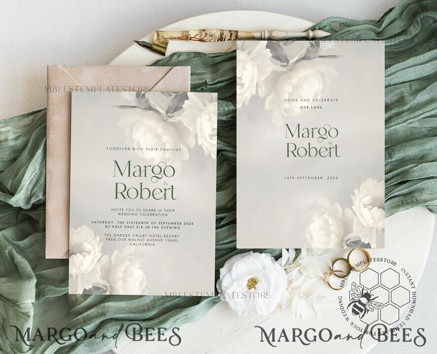 TEMPLETT  
 Hochzeits Einladung Download Elegante Vintage Rosen Malerei Öl Hochzeitskarten Set Vorlage, Sofortiger Download Druckbare Einladungen Heimdruck, Einfache Hochzeitskarten