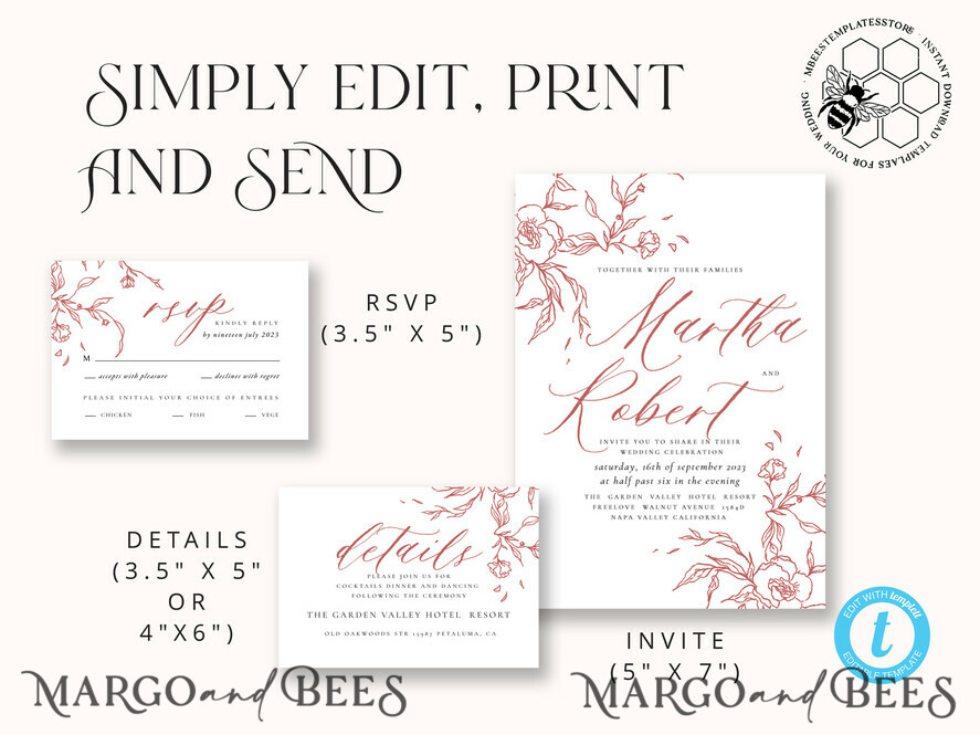 TEMPLETT wedding invitation download Maroon Fall wedding invitation template, Instant download Boho Wedding Invites Autumn Burgundy Invitation Printable Template Simple Fine Art